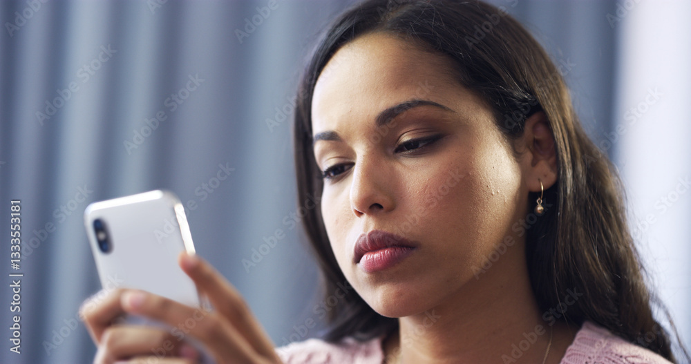 Home, woman and tired with mobile for chat, breakup message and communication with online contact. House, female person and upset with phone for app, cyberbullying or trolling comment on social media Home, woman and tired with mobile for chat, breakup message and communication with online contact. House, female person and upset with phone for app, cyberbullying or trolling comment on social media