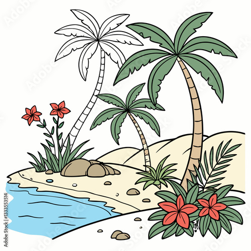 Coloring book tropical landscape. Hand draw vector illustration with separate layers.
