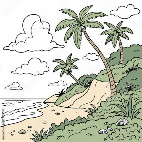 Coloring book tropical landscape. Hand draw vector illustration with separate layers.