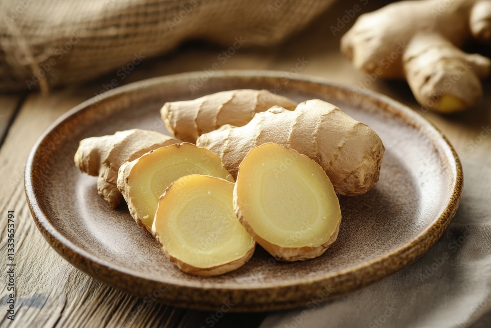 Fresh Ginger Root on Plate with Sliced Sections and Natural Background Fresh Ginger Root on Plate with Sliced Sections and Natural Background
