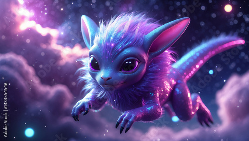 Futuristic Cosmic Alien Floating in a Neon Space Nebula
