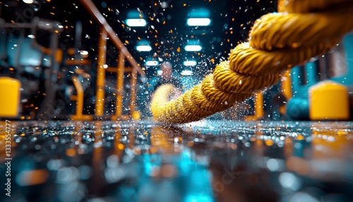 In the heart of a dynamic gym, an athlete channels explosive energy, wielding battle ropes with fervent power and unmatched grace The rhythmic thud of the ropes against the floor echoes through the
