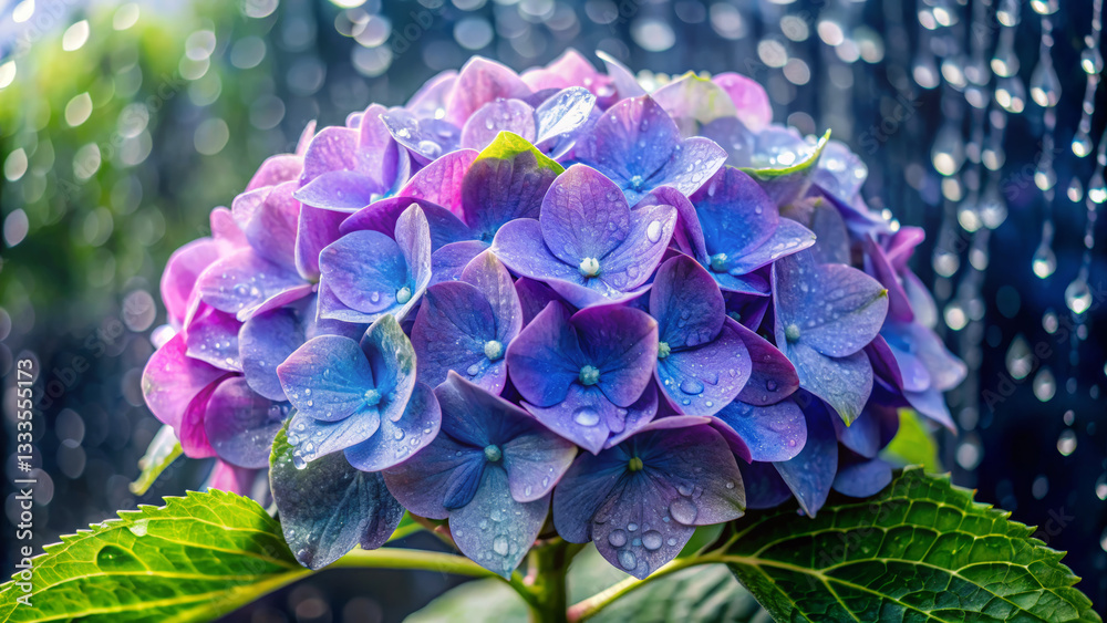 Stunning Hydrangea Blooms with Rain Droplets: Nature’s Fresh and Dewy Look, Overcast Sky Enhances Hydrangea Beauty: Rain Droplets on Petals in Nature