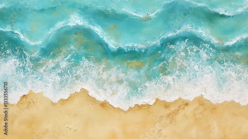 Ocean Waves and Sandy Shore: Aerial view capturing the rhythmic dance of ocean waves meeting the golden sand. A vibrant turquoise blue and frothy white create a visual symphony.