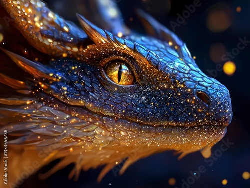 In the inky abyss of deep space, a majestic dragon soars, its scales shimmering with stardust and nebulae Wings crafted from swirling galaxies, constellations ablaze, propel it through cosmic rifts