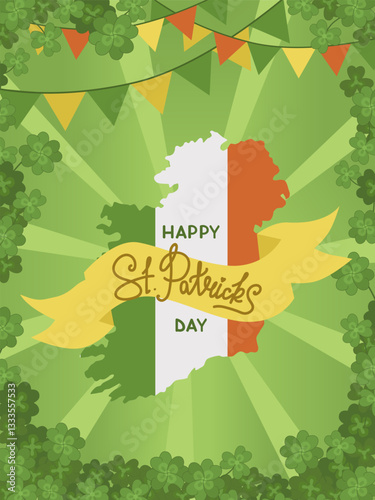 St. Patrick s Day greeting card. Ireland map painted in the colors of the country and the inscription. Greeting card or party invitation. Green background.