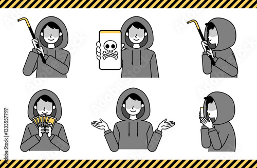 犯罪者のベクターイラストセット モノクロ シンプル