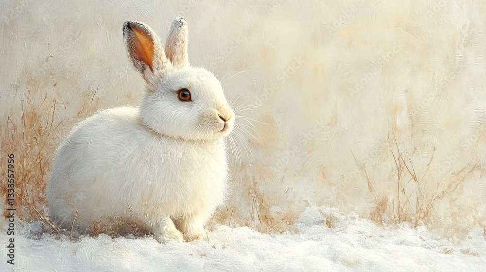 Adorable White Rabbit Sitting in Snowy Landscape with Soft Fluffy Fur and Serene Atmosphere Adorable White Rabbit Sitting in Snowy Landscape with Soft Fluffy Fur and Serene Atmosphere