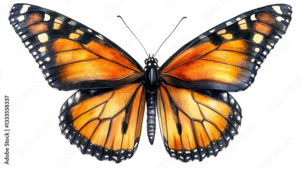 Obraz premium Detailed Watercolor Hand-Drawn Monarch Butterfly with Vibrant Orange and Black Wings