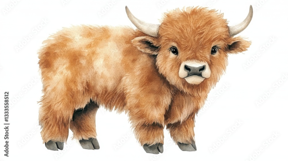 Hand-Drawn Watercolor Illustration of a Cute Baby Musk Ox with Fluffy Fur and Horns Hand-Drawn Watercolor Illustration of a Cute Baby Musk Ox with Fluffy Fur and Horns