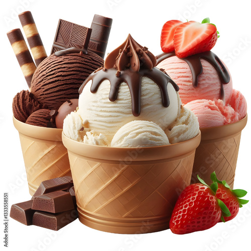 Chocolate, vanilla and strawberry Ice Cream Isolated white background