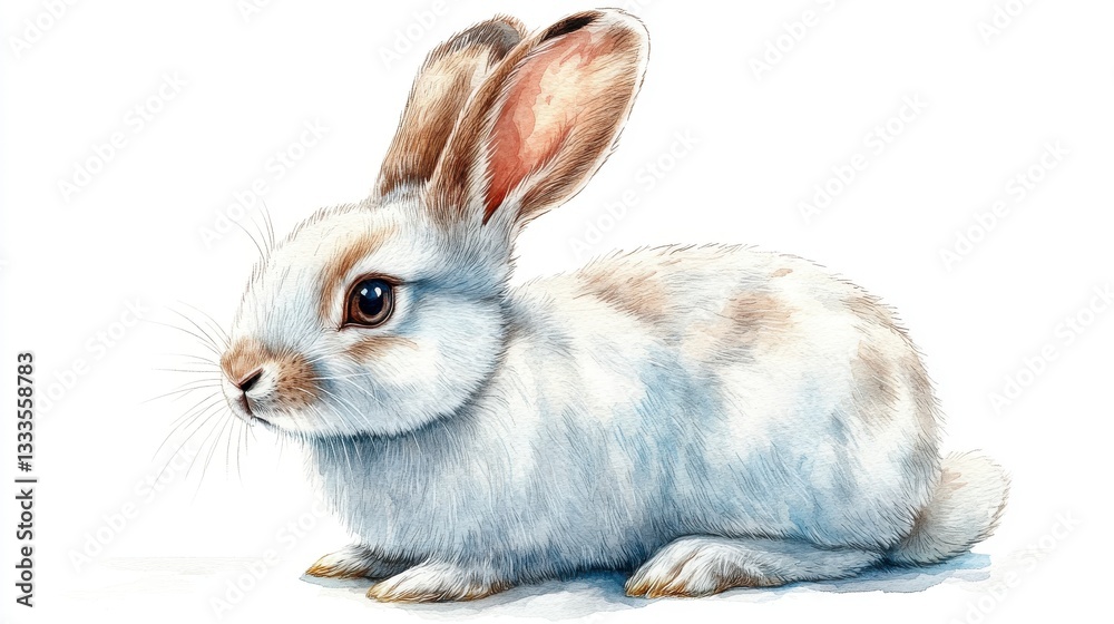 Fototapeta premium Realistic Watercolor Illustration of a Cute White Rabbit Sitting Gracefully