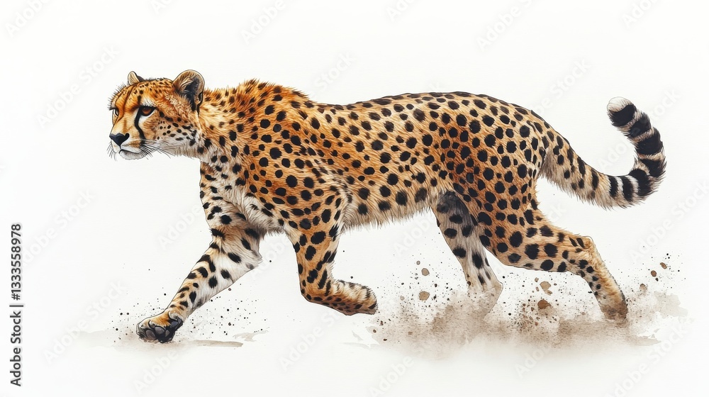 Watercolor Hand-Drawn Adult Cheetah Running Through Dusty Terrain in Natural Habitat Watercolor Hand-Drawn Adult Cheetah Running Through Dusty Terrain in Natural Habitat