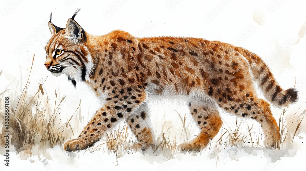 Fototapeta premium Watercolor Hand-Drawn Adult Lynx Walking Gracefully Through Natural Grasslands