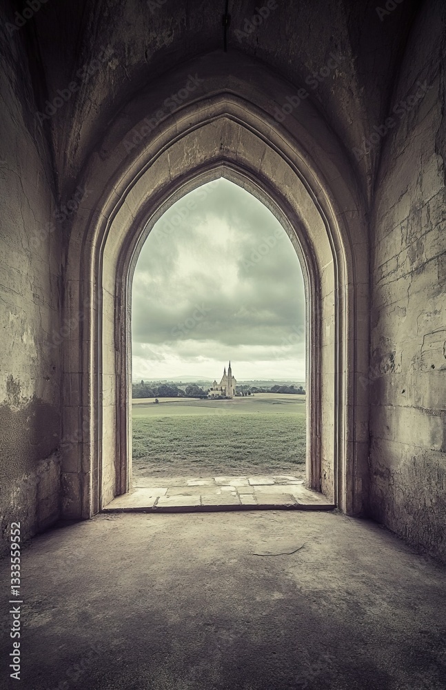 Fototapeta premium Gothic Arch Window to Cloudy Landscape