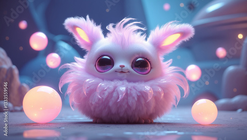 Whimsical Fluffy Alien with Glowing Fur and Big Eyes