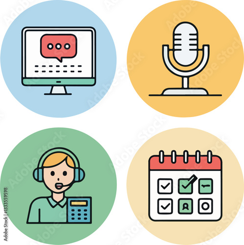 Video Conference Icons Set – Editable Stroke Vector Illustration