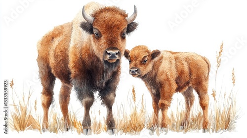 Watercolor Hand-Drawn Portrait of a Baby Bison Standing Beside Its Mother in a Grassland Setting