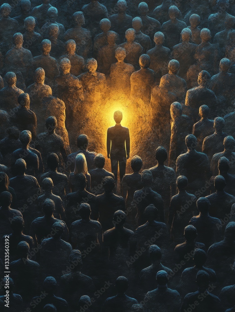 Obraz premium Be the light. One glowing person is different between others.