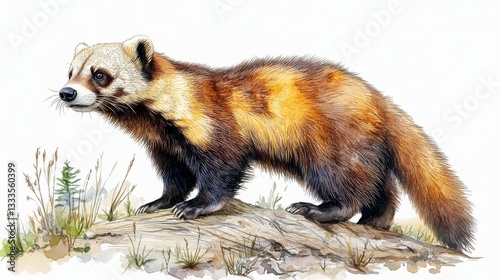 Watercolor Hand-Drawn Portrait of an Adult Wolverine Set Against a Natural Background