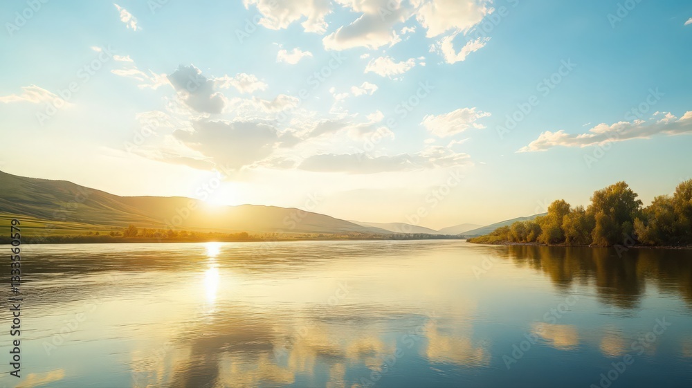 Serene Sunset Over Calm River With Lush Greenery Serene Sunset Over Calm River With Lush Greenery