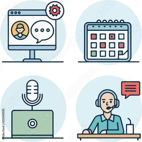 Video Conference Icons Set – Editable Stroke Vector Illustration