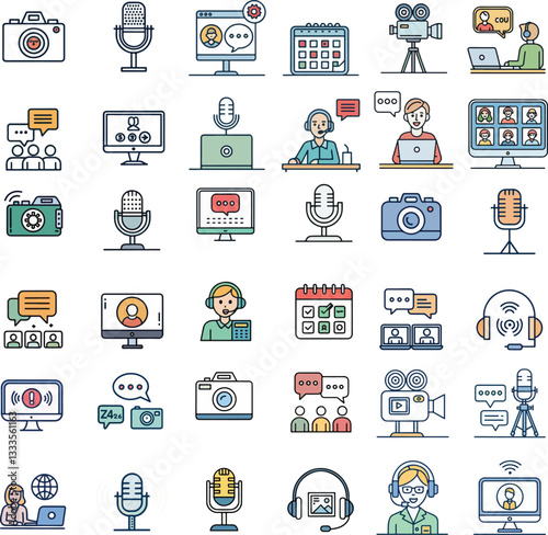 Video Conference Icons Set – Editable Stroke Vector Illustration