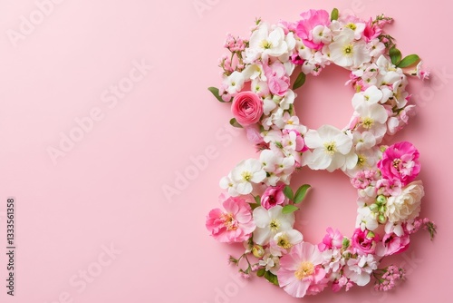 Number 8 made from pink and white flowers on a pastel background.