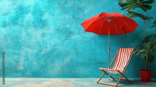 A beach chair and umbrella set against a blue wall background with ample copy space. photo