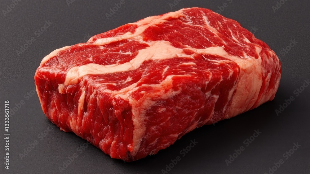 Fototapeta premium A single fresh cut of raw marbled red beef is presented