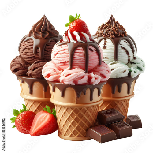 Chocolate, vanilla and strawberry Ice Cream Isolated white background