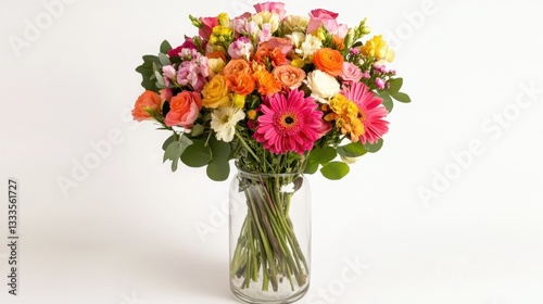 A beautiful wildflower bouquet arranged in a clear glass vase, set against a white background.