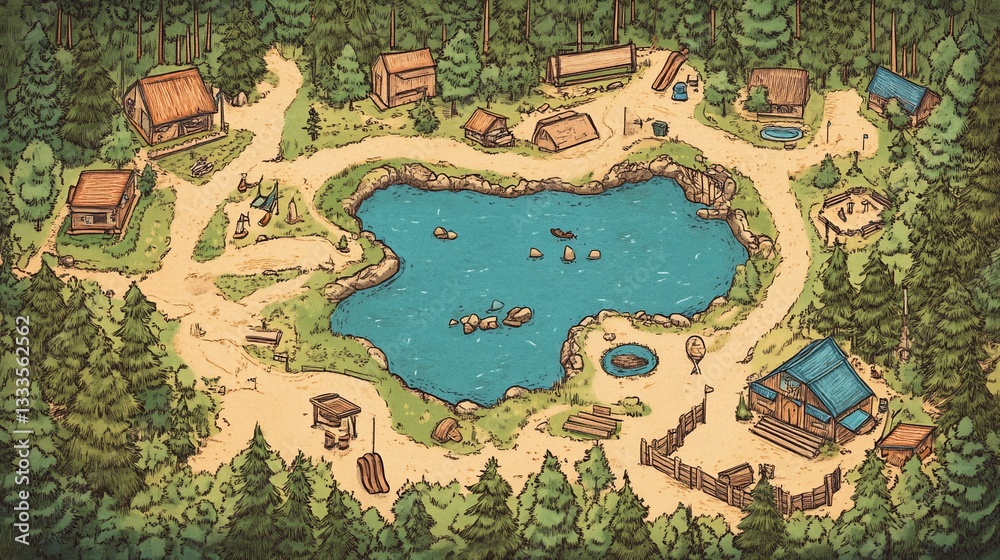 Naklejka premium Hand Drawn Campground Map Illustration with Cabins and a Central Lake