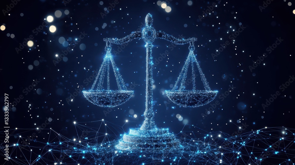 A futuristic digital network symbolizing justice, featuring interconnected nodes and data streams forming a balance scale or gavel, representing the intersection of technology and legal systems. A futuristic digital network symbolizing justice, featuring interconnected nodes and data streams forming a balance scale or gavel, representing the intersection of technology and legal systems.