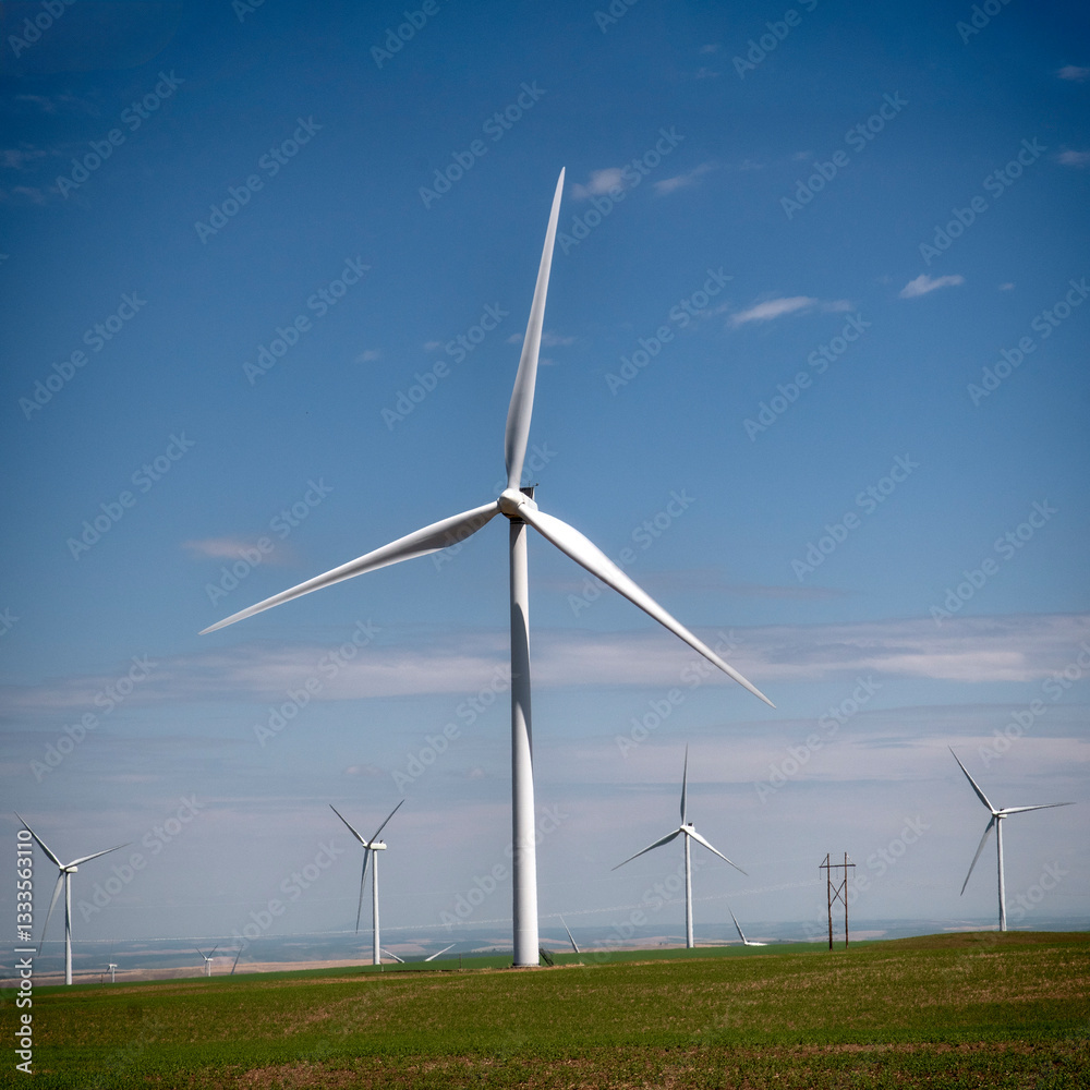 A stunning view of numerous wind turbines situated amidst lush green fields, showcasing the beauty of renewable energy and its symbiotic relationship with nature. A stunning view of numerous wind turbines situated amidst lush green fields, showcasing the beauty of renewable energy and its symbiotic relationship with nature.