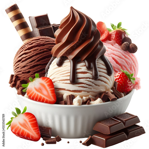 Chocolate, vanilla and strawberry Ice Cream Isolated white background