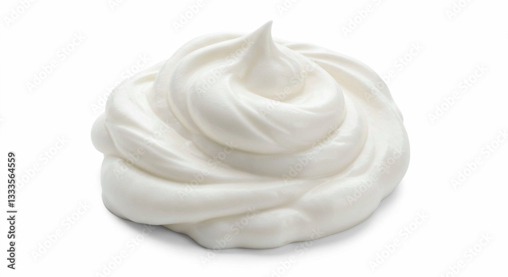 The image captures a dollop of white whipped cream with a swirled texture and pointed tip, isolated on a white background, casting a subtle shadow The image captures a dollop of white whipped cream with a swirled texture and pointed tip, isolated on a white background, casting a subtle shadow