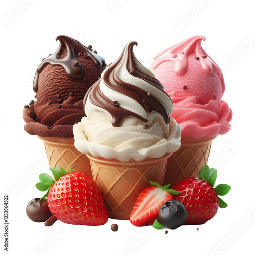 Chocolate, vanilla and strawberry Ice Cream Isolated white background