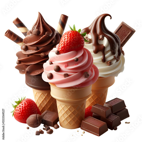 Chocolate, vanilla and strawberry Ice Cream Isolated white background