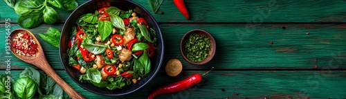 Wallpaper Mural Indulge in the vibrant flavors of Thailand with this stunning gourmet image of Thai basil stir-fry, featuring crispy pork A culinary masterpiece, beautifully arranged with fiery chili peppers and Torontodigital.ca