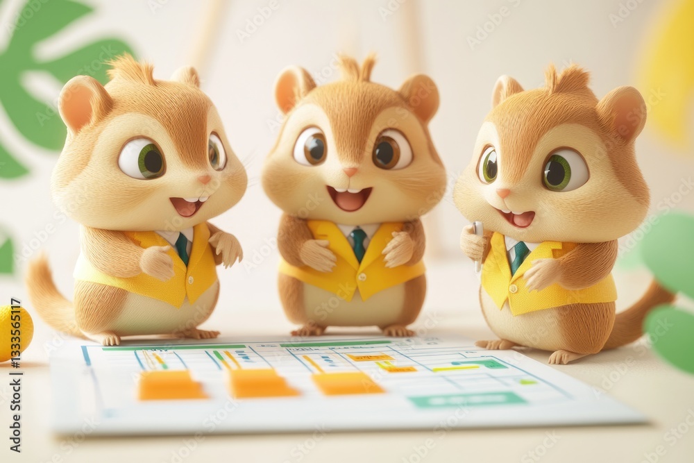 Fototapeta premium Three adorable chipmunk colleagues in yellow vests collaborate on a project plan, showcasing teamwork and organization.