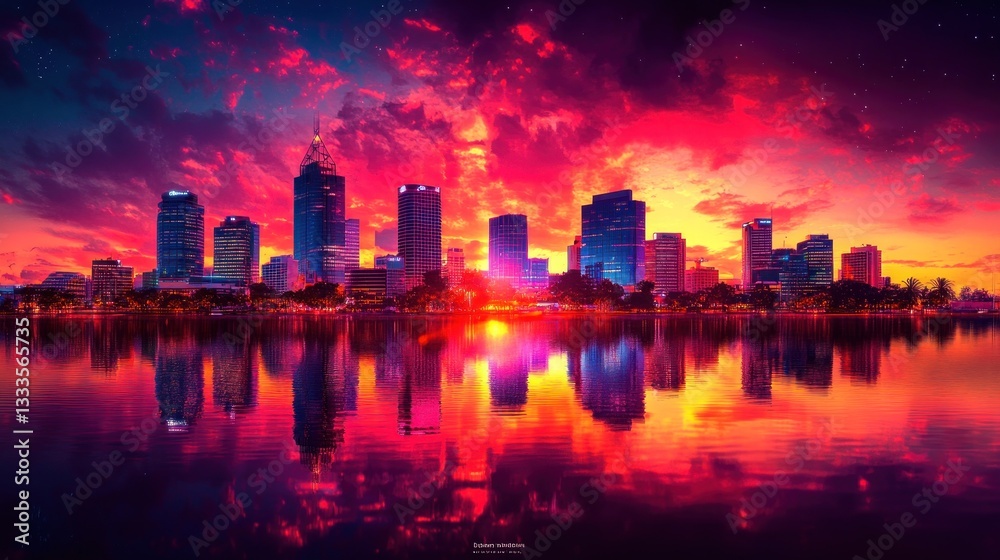 Fototapeta premium City skyline reflects in calm water during a sunset