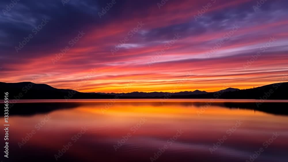 Fiery Sunset over Calm Lake and Mountains Fiery Sunset over Calm Lake and Mountains