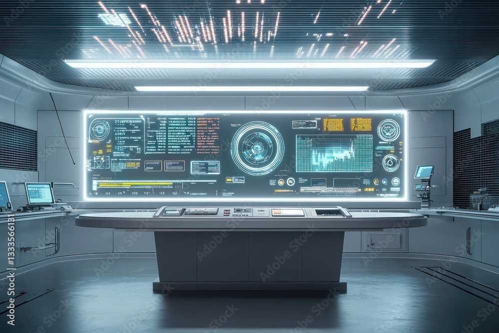 Factory control room prioritizes safety with holographic analytics. Factory control room prioritizes safety with holographic analytics.