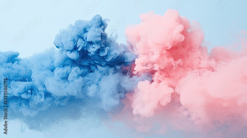 Fototapeta premium Pastel blue and pink ink clouds, abstract art, studio shot, light background, design element