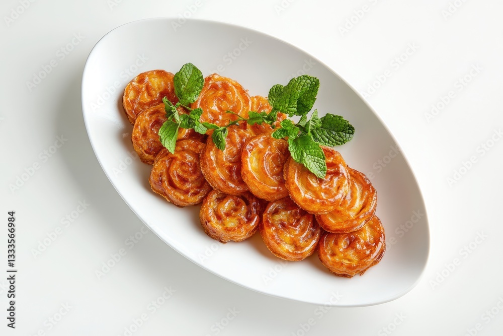 Fototapeta premium Golden, sweet, rose-shaped pastries garnished with fresh mint leaves, beautifully arranged on a white plate.
