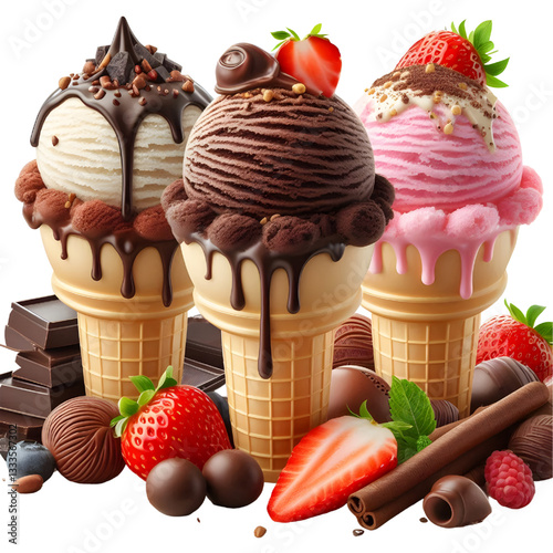 Chocolate, vanilla and strawberry Ice Cream Isolated white background