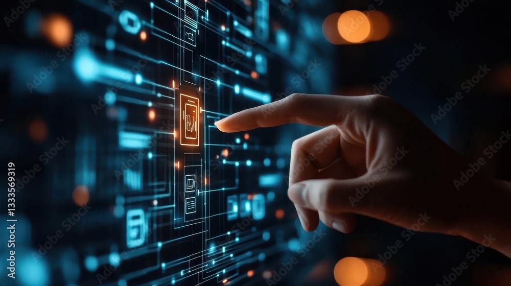 A hand pointing at a digital computer screen, illustrating the concept of technology and innovation.
