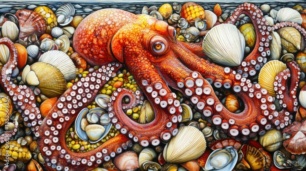 Vibrant Octopus Amidst Seashells on Beach Vibrant Octopus Amidst Seashells on Beach