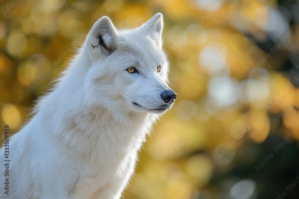 Obraz premium Majestic arctic wolf with striking yellow eyes, against a blurred autumnal background.